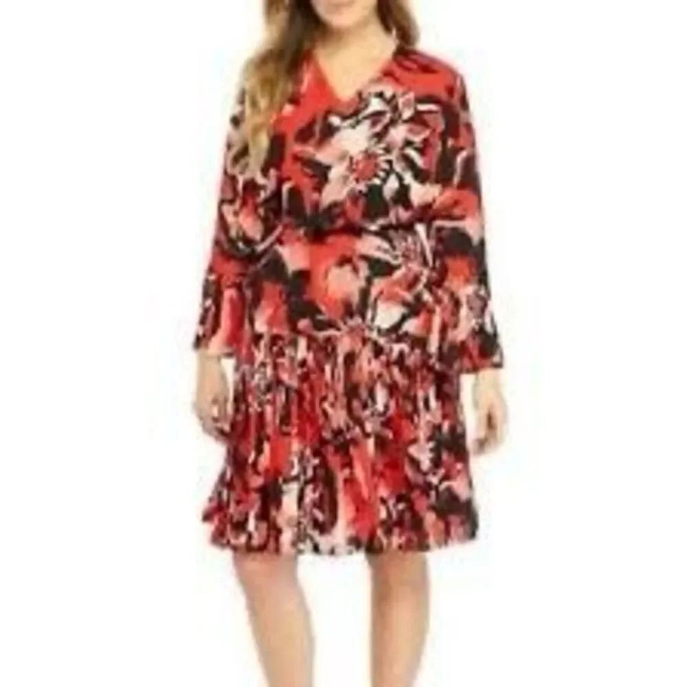 The Limited Size 6 Madison Avenue Pleated Shirt Dress Red Floral Flare Sleeve